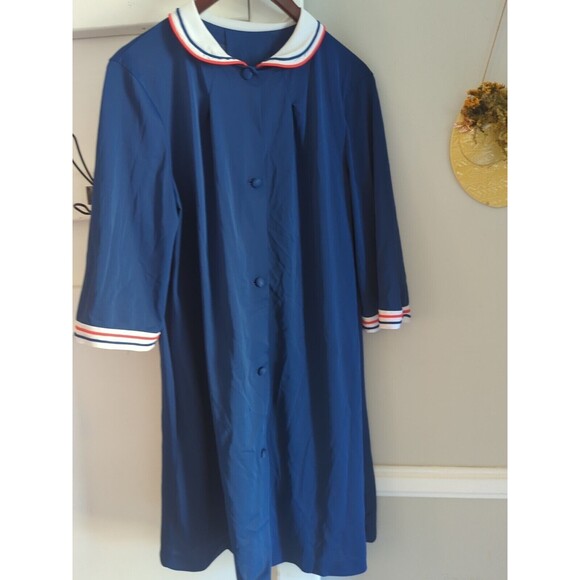 Vintage Lorraine Women's M Navy Blue White Striped Button Up Collared Midi Robe - Picture 3 of 11